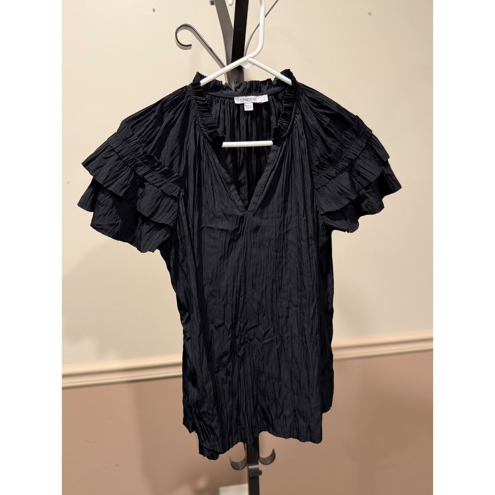 Chico's Black Pleated Ruffle Sleeve V-Neck Blouse Top Size‎ 0 US 4